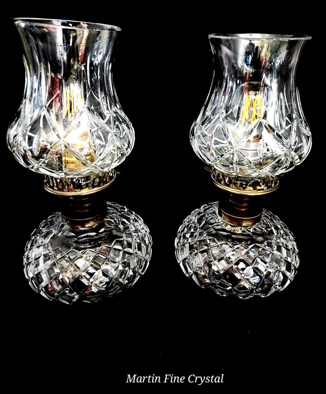 Set of 2 Waterford Lismore Oil Lamp Style Electric Hurricane Lamps - Flawless!