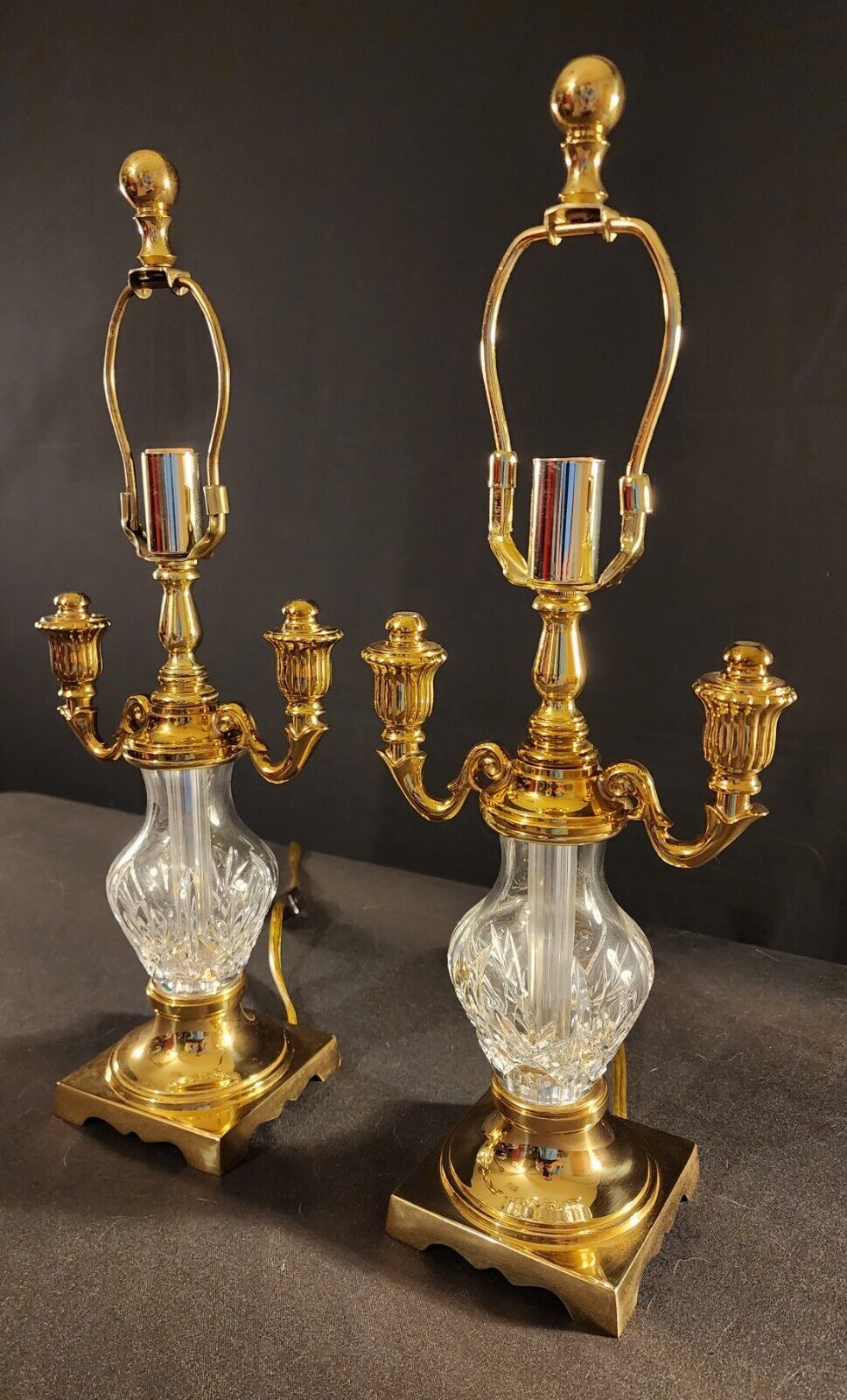 Pair of 2 Waterford Crystal Glenn Collection Double Arm Brass Boudoir Lamps