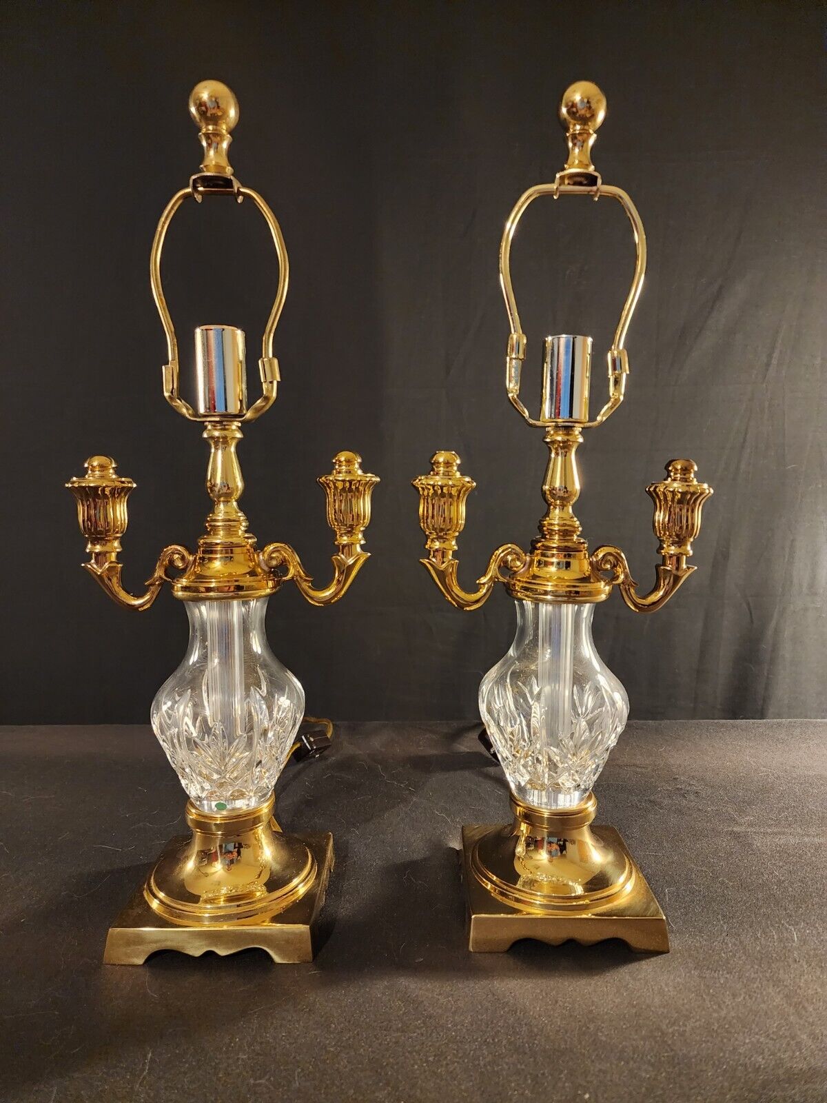 Pair of 2 Waterford Crystal Glenn Collection Double Arm Brass Boudoir Lamps