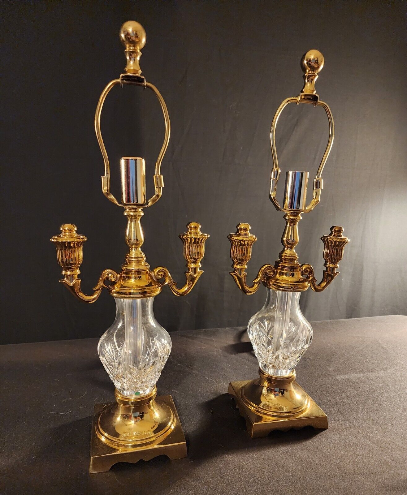 Pair of 2 Waterford Crystal Glenn Collection Double Arm Brass Boudoir Lamps