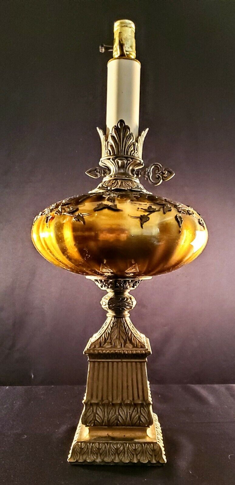 Hollywood Regency Large Candy Glass Fine Antique Bronze and Glass Lamp - MINT!