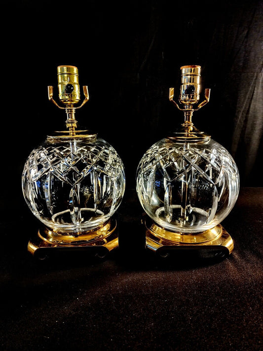 Waterford Lismore Set of 2 Globe Style Large Fine Cut Crystal Lamps