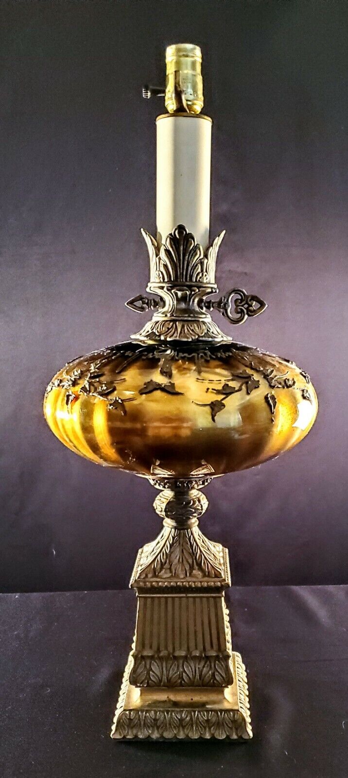 Hollywood Regency Large Candy Glass Fine Antique Bronze and Glass Lamp - MINT!
