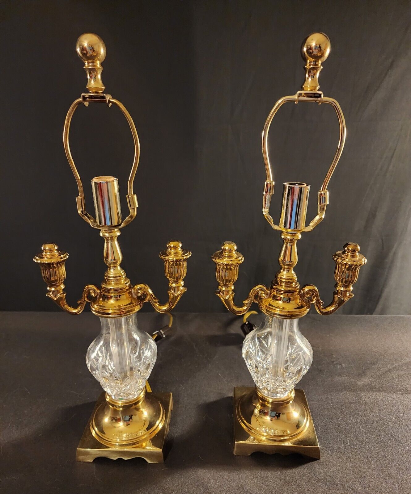 Pair of 2 Waterford Crystal Glenn Collection Double Arm Brass Boudoir Lamps