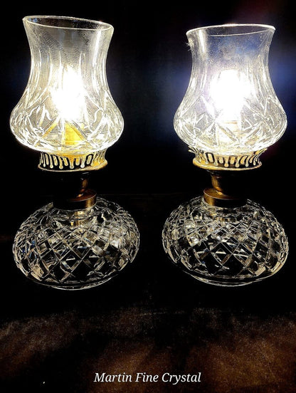 Set of 2 Waterford Lismore Oil Lamp Style Electric Hurricane Lamps - Flawless!