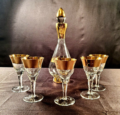 Bohemian Fine Crystal with Gold Overlay Decanter Set - Decanter and Five Glasses