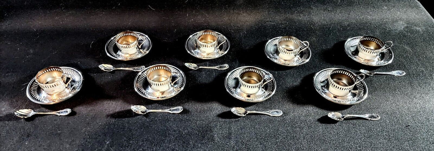 Bellini Full Set of 8 Demitasse Silver Plates  Cups, Plates, and Spoons - Mint!