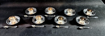 Bellini Full Set of 8 Demitasse Silver Plates  Cups, Plates, and Spoons - Mint!