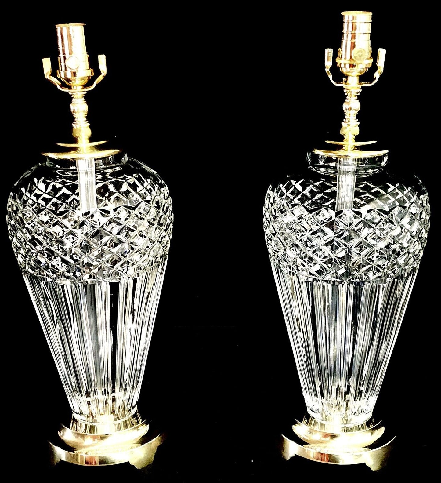 Waterford Belline Pair of 2 Fine Cut Crystal and Solid Brass Table Lamps