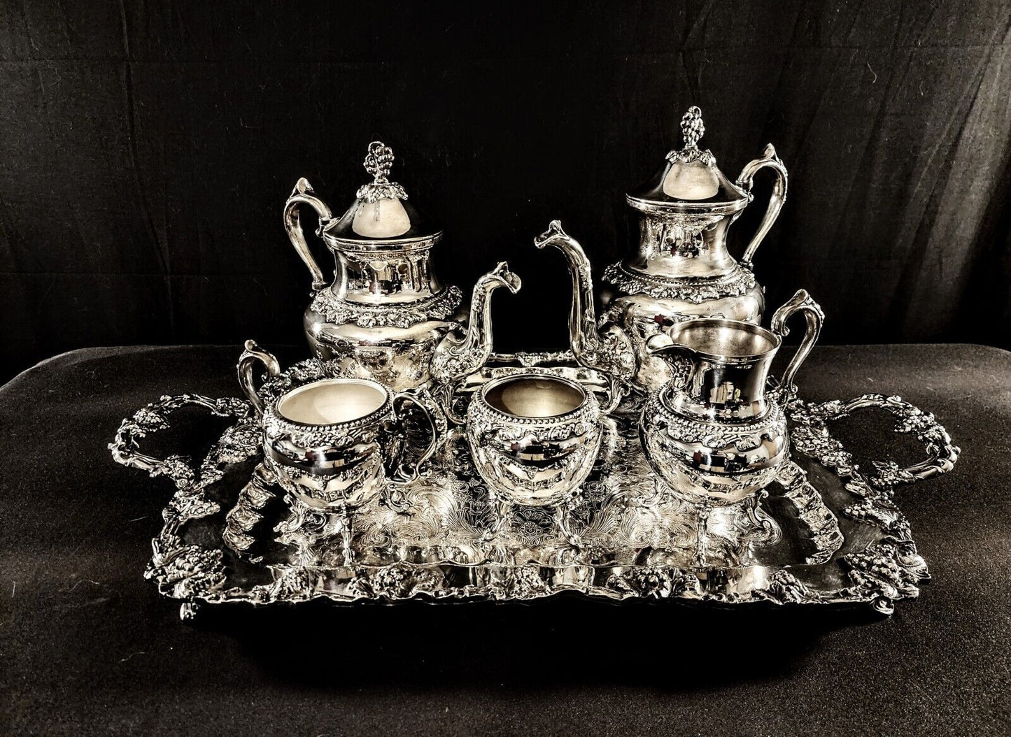 Birmingham Silver Co. Silverplate 6 Piece Floral Grapes Motif Tea Set (#7434)