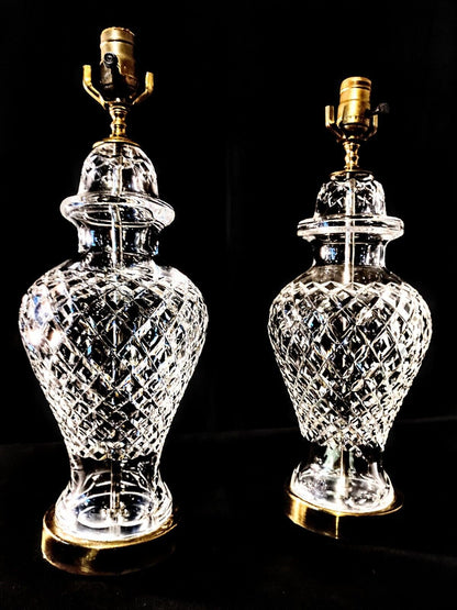 Set of 2 Waterford Alana Urn Style Fine Cut Solid Body Crystal Table Lamps- MINT