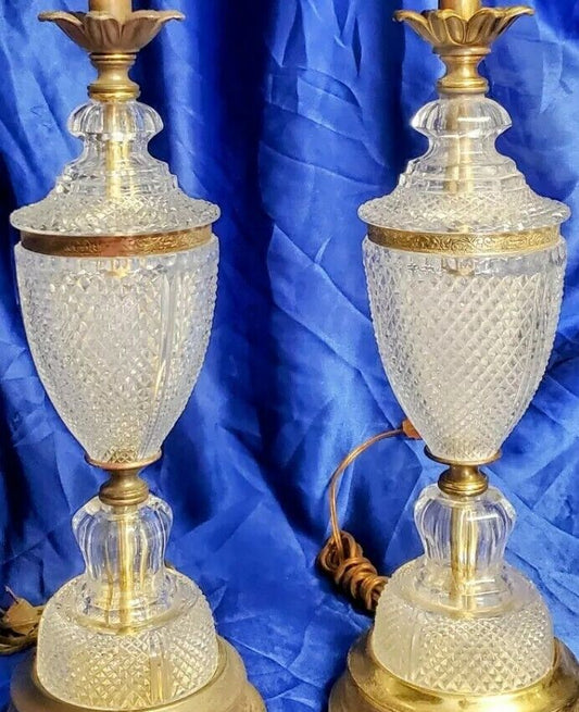 Pair Vintage Brass Rembrandt Torchiere Lamps Hollywood Regency Tiffany Shades