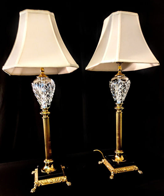 Waterford Marlow Set of 2 Fine Cut Crystal Lamps - Marble Based- Massive 34.5 In