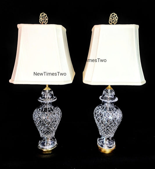 Set of 2 Waterford Alana Urn Style Fine Cut Solid Body Crystal Table Lamps- MINT