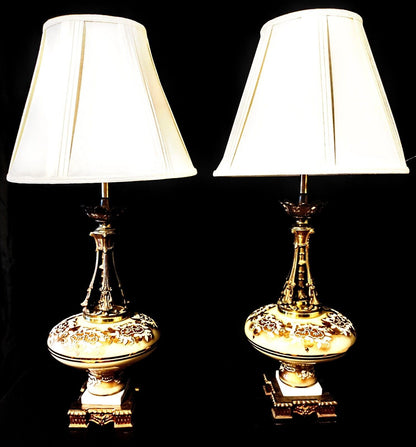 Set of 2 Massive Hollywood Regency Decorative Glass On Bronze Table Lamps