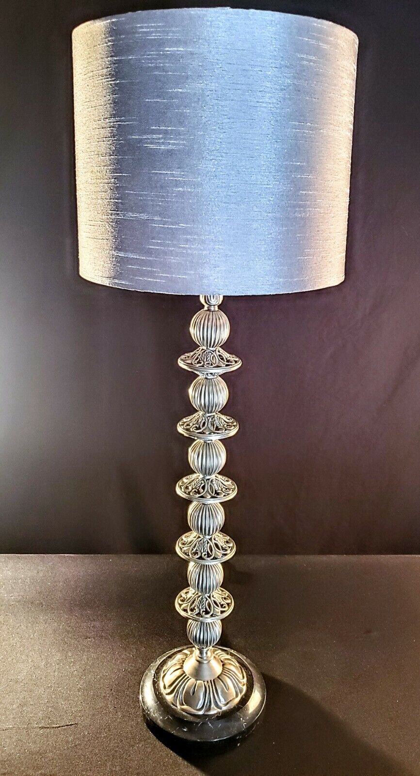 Exquisite Bombay Large Silver Pierced Fine Table Lamp with Black Marble Base