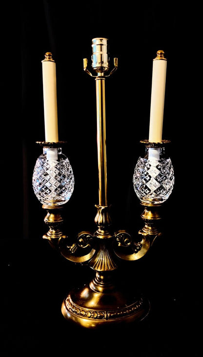 Waterford Fine Cut Crystal and Bronze Double Arm Double Globe  Buffet Lamp