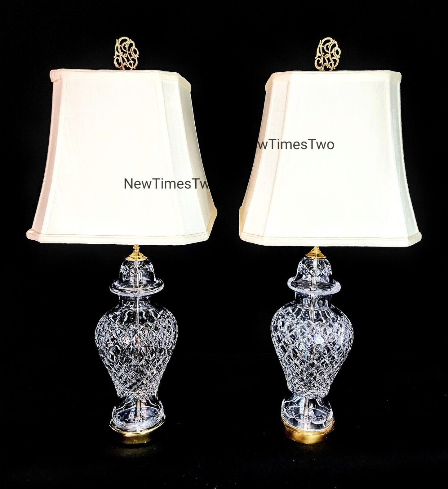 Set of 2 Waterford Alana Urn Style Fine Cut Solid Body Crystal Table Lamps- MINT