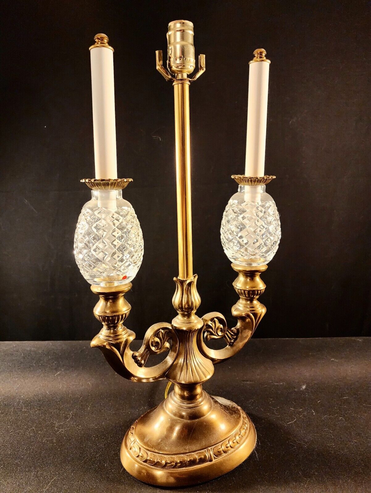 Pair of Waterford Double-Arm Double Globe Oiled Bronze Lamps