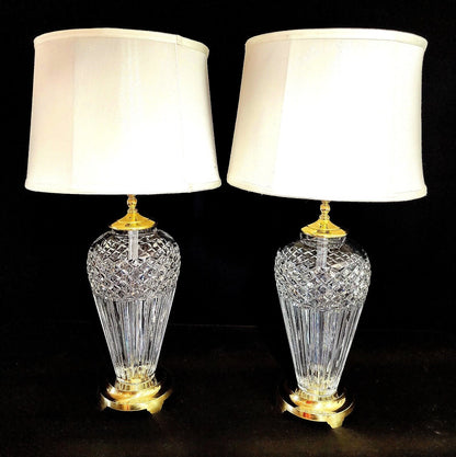 Waterford Belline Pair of 2 Fine Cut Crystal and Solid Brass Table Lamps