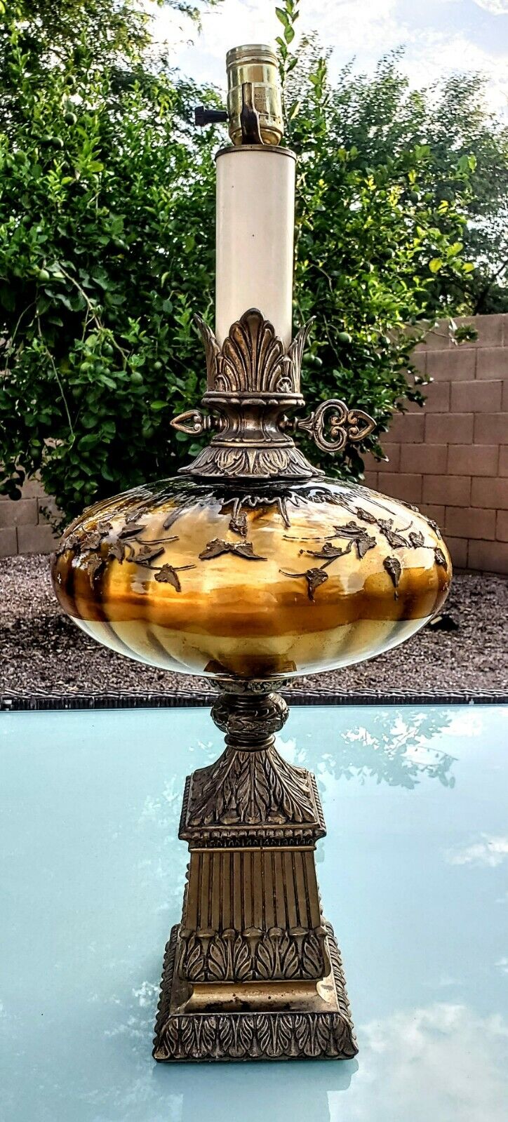 Hollywood Regency Large Candy Glass Fine Antique Bronze and Glass Lamp - MINT!