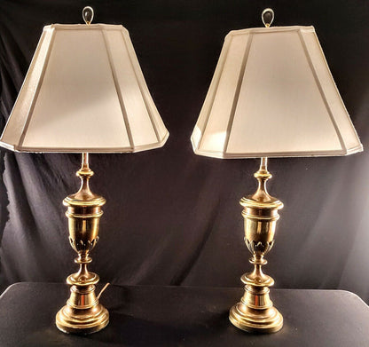 Matching Pair of 2 Stiffel Solid Brass Table Lamps - Original Harps & Finals!