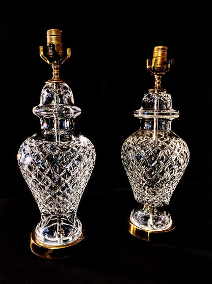 Set of 2 Waterford Alana Urn Style Fine Cut Solid Body Crystal Table Lamps- MINT