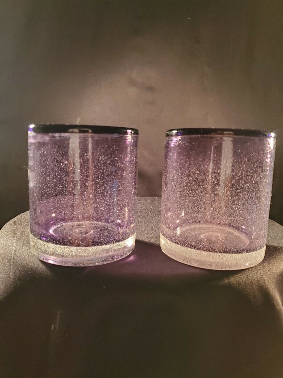 Set of 2 Amethyst Artist Original Hand Blown Glass Double Old Fashioned Glasses