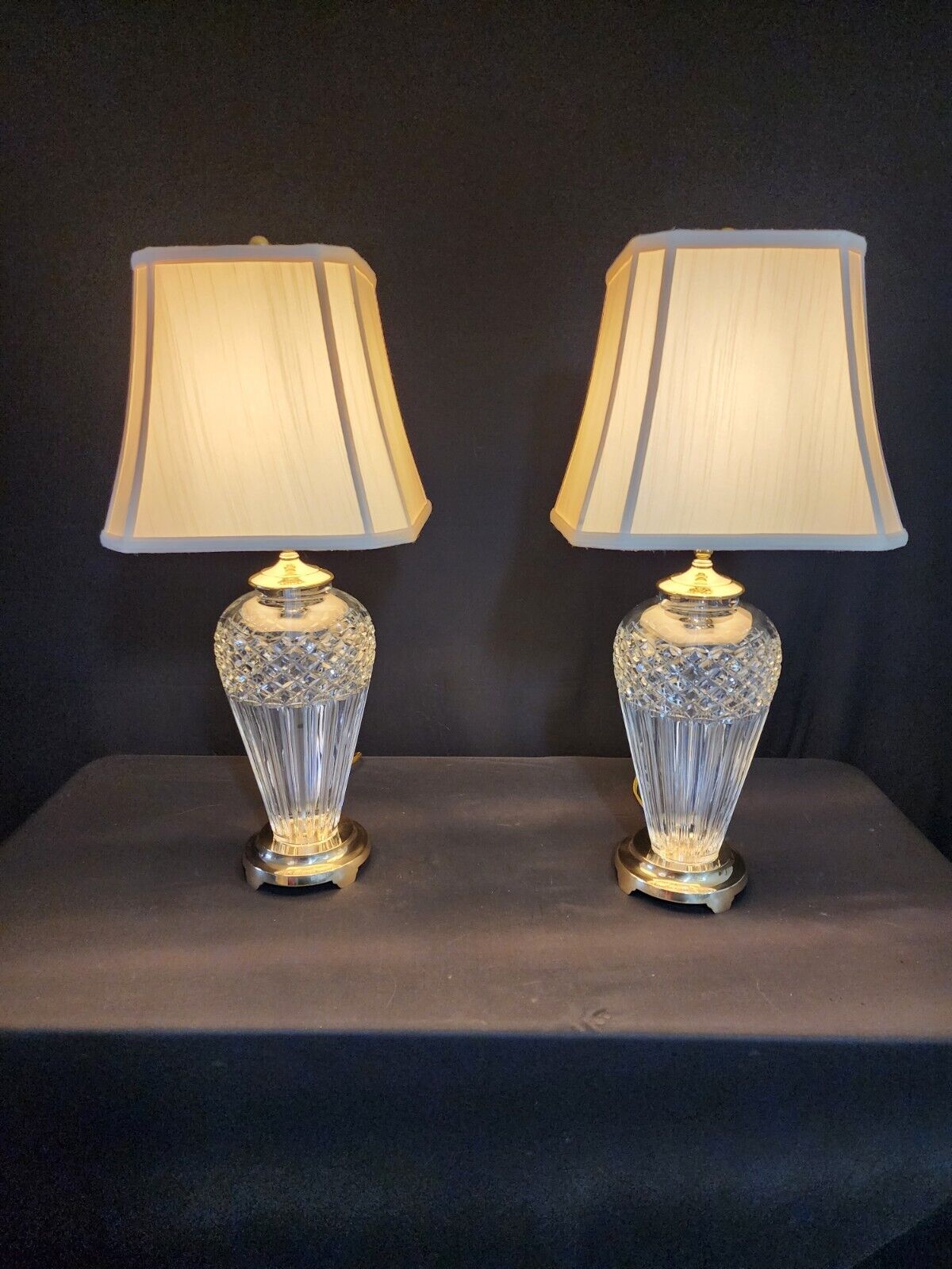 Waterford Belline Pair of 2 Fine Cut Crystal and Solid Brass Table Lamps