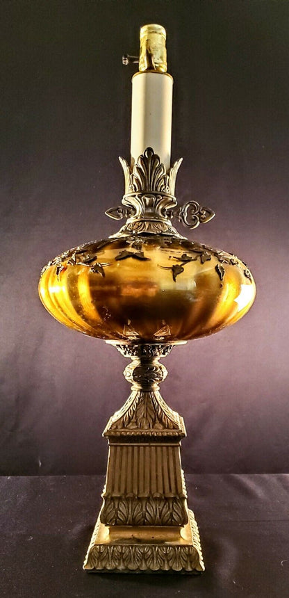 Hollywood Regency Large Candy Glass Fine Antique Bronze and Glass Lamp - MINT!