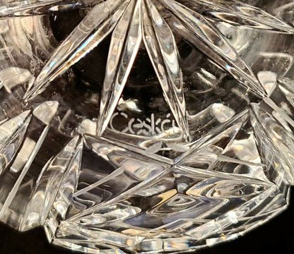 Vintage Ceska Czech Crystal Glass Rose Bowl Vase Vertical Lines & Criss Cross