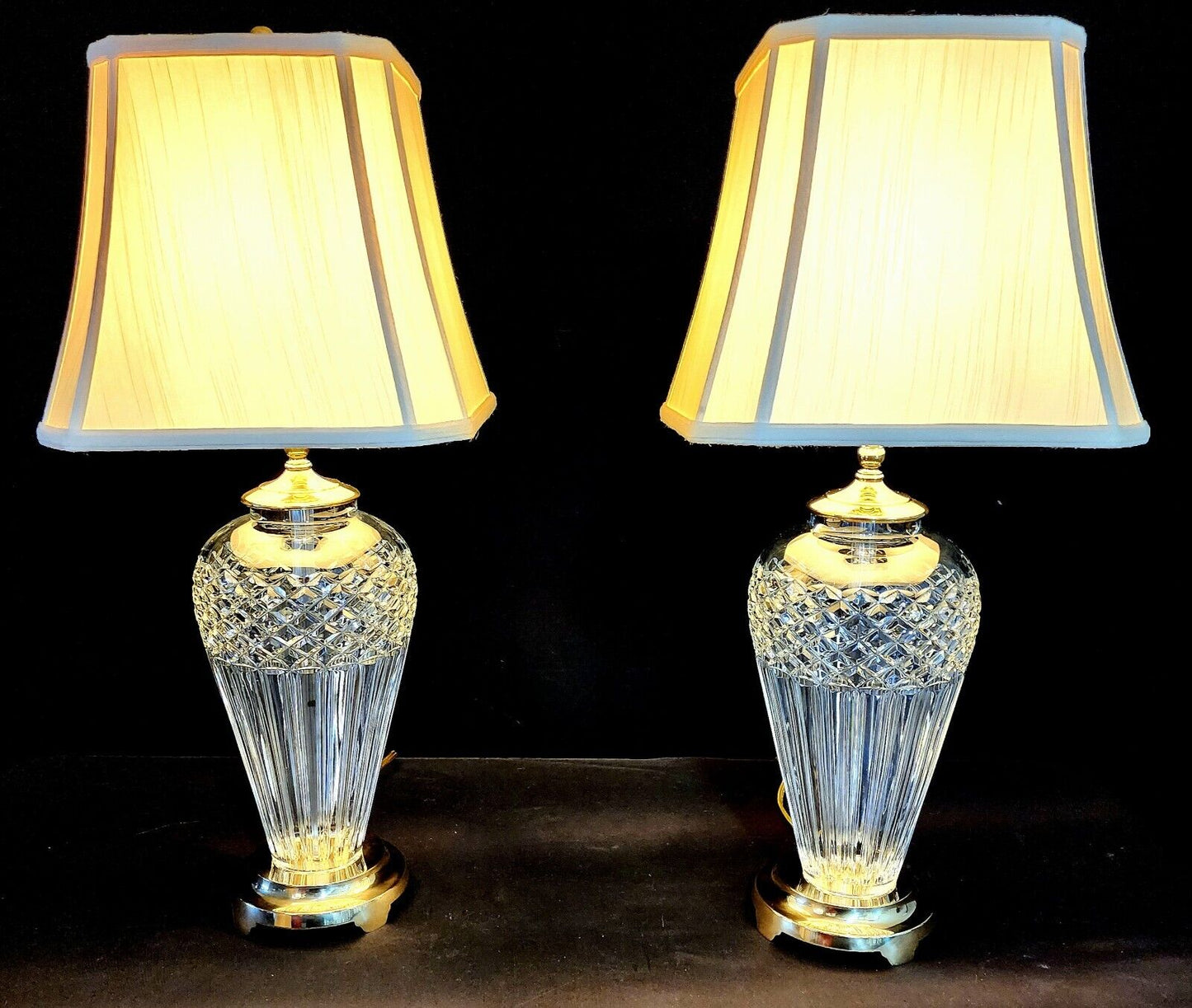 Waterford Belline Pair of 2 Fine Cut Crystal and Solid Brass Table Lamps