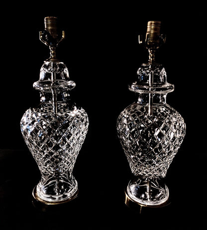 Set of 2 Waterford Alana Urn Style Fine Cut Solid Body Crystal Table Lamps- MINT