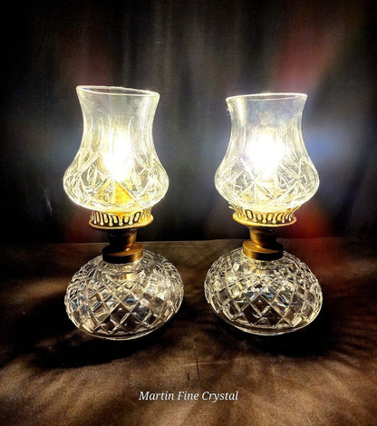 Set of 2 Waterford Lismore Oil Lamp Style Electric Hurricane Lamps - Flawless!