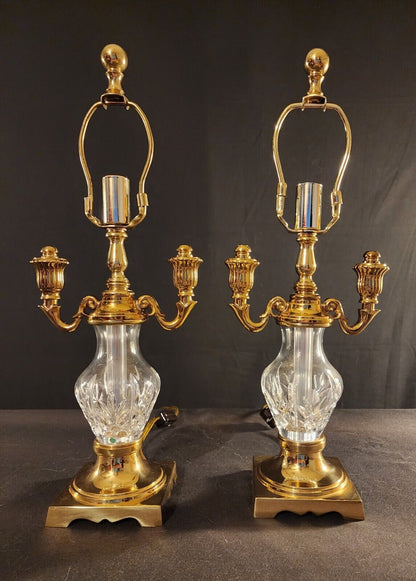 Pair of 2 Waterford Crystal Glenn Collection Double Arm Brass Boudoir Lamps