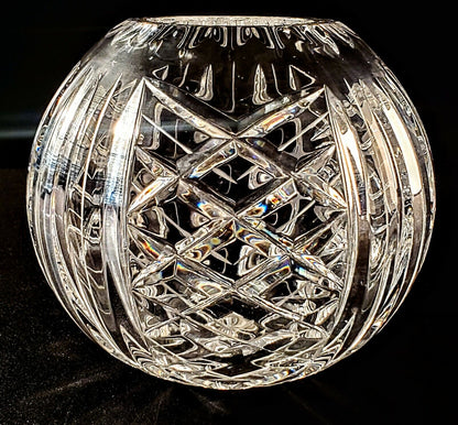 Vintage Ceska Czech Crystal Glass Rose Bowl Vase Vertical Lines & Criss Cross